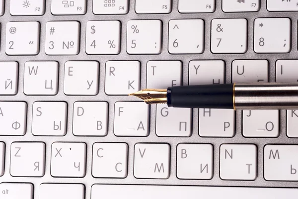 Office computer and pen. Top view with copy space. Corporate stationery branding mock-up.