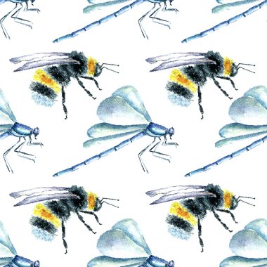 Suluboya Bumblebees ve Dragonfly dikişsiz desen..