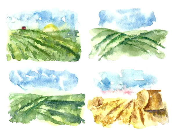 Aquarelllandschaft mit Feldern und Bauernhöfen. — Stockvektor