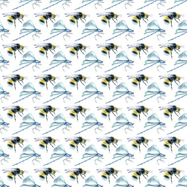 Watercolor Bumblebees and Dragonfly seamless pattern.. clipart