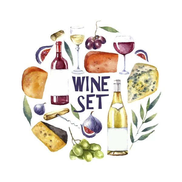 Set de vin aquarelle. Fond rond carte . — Image vectorielle