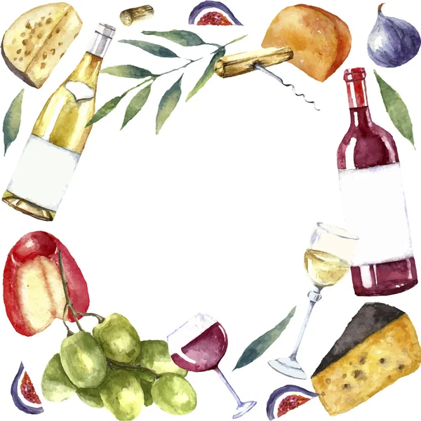 水彩葡萄酒和奶酪框架. — 图库矢量图片