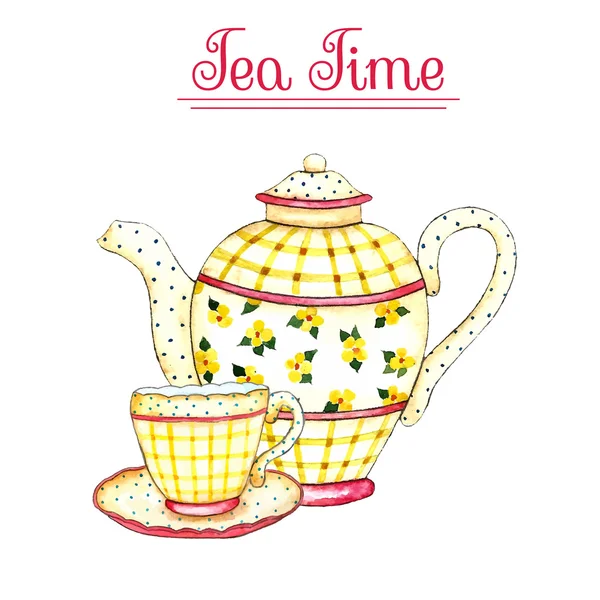 Watercolor teapot and cup. — Stock Vector