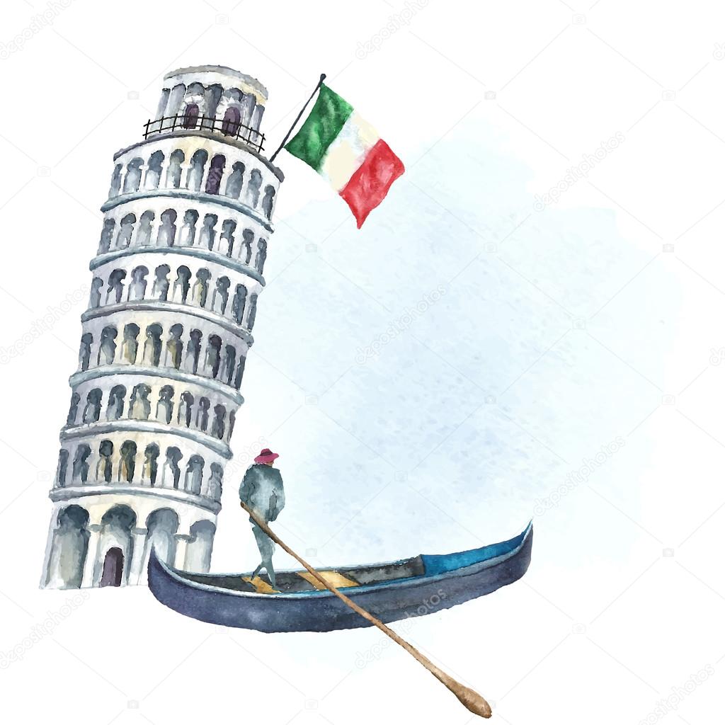Watercolor artistic tower of Pisa with flag of Italy and Italian gondola.  Vector vintage label design.