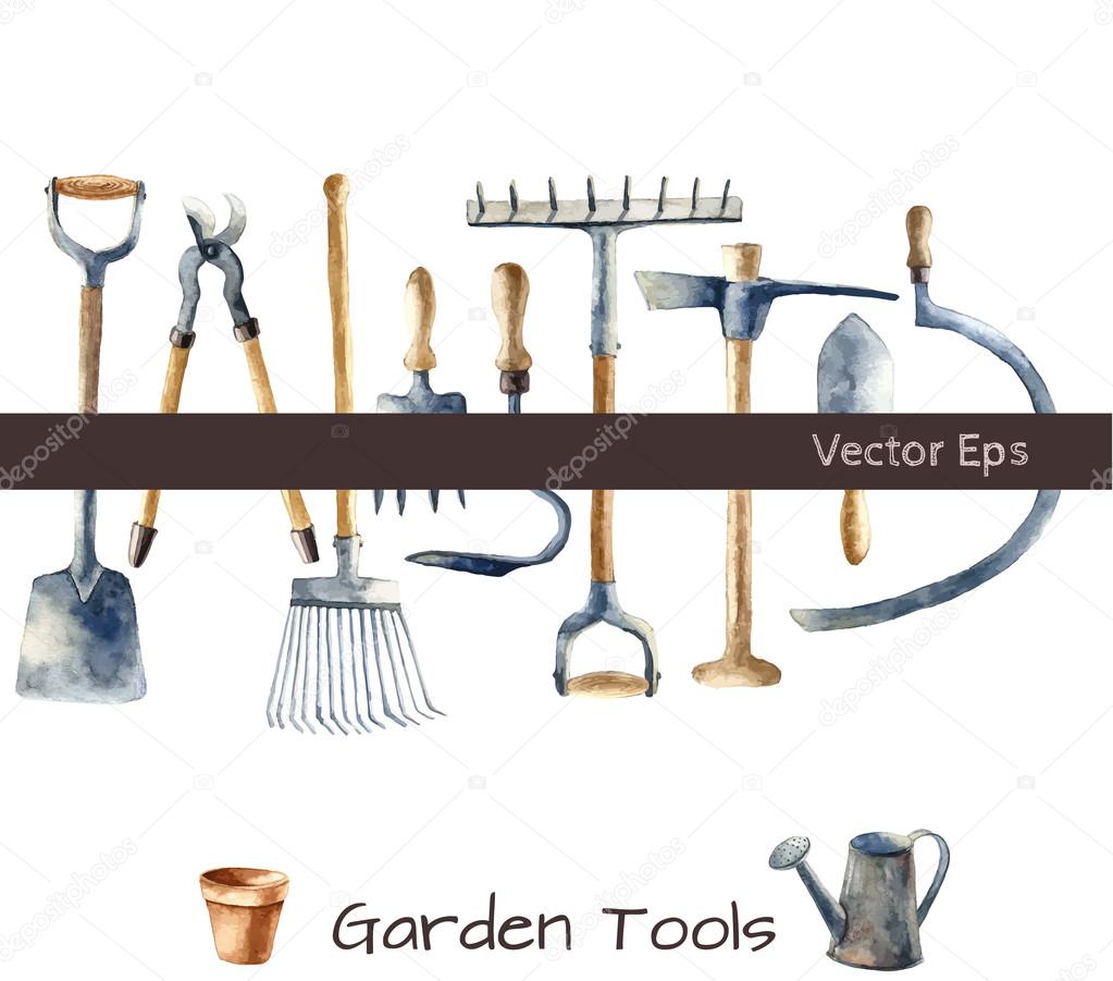 Watercolor garden tools.
