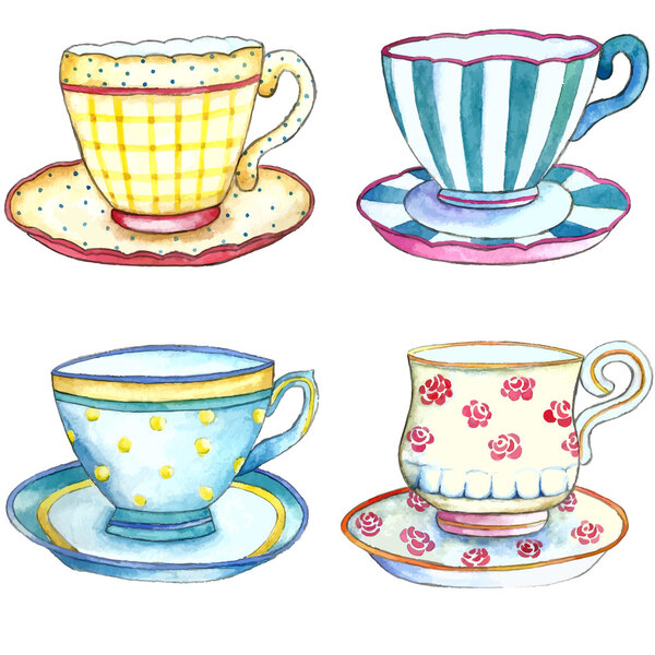 Tea cups watercolor on the white backgrounds.