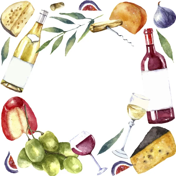 Marco acuarela vino y queso . — Vector de stock