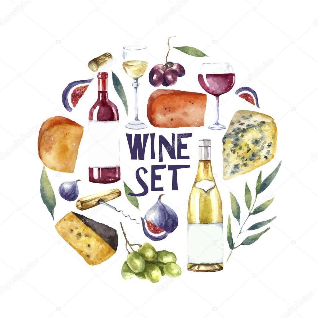 Watercolor wine set. Round card background.