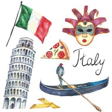 Set of Italy icons watercolor illustration.