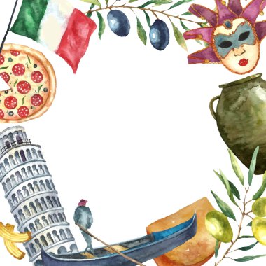 Set of Italy icons watercolor illustration.