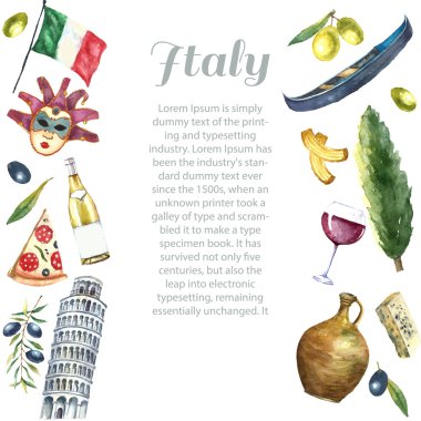 Set of Italy icons watercolor illustration.