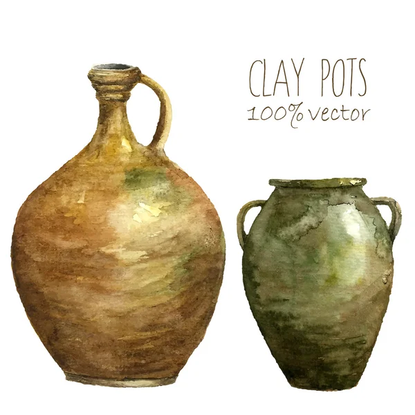 Conjunto de vasos de argila pintados com aquarelas . — Vetor de Stock