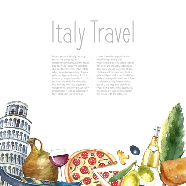 Set of Italy icons watercolor illustration. — Stock vektor