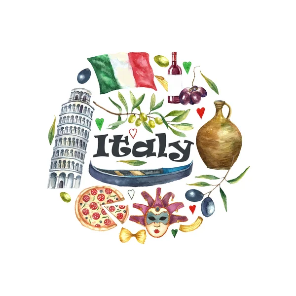 Set of Italy icons watercolor illustration. — Stock vektor