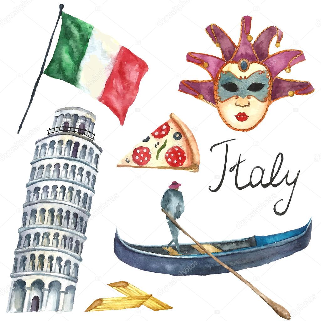 Set of Italy icons watercolor illustration.