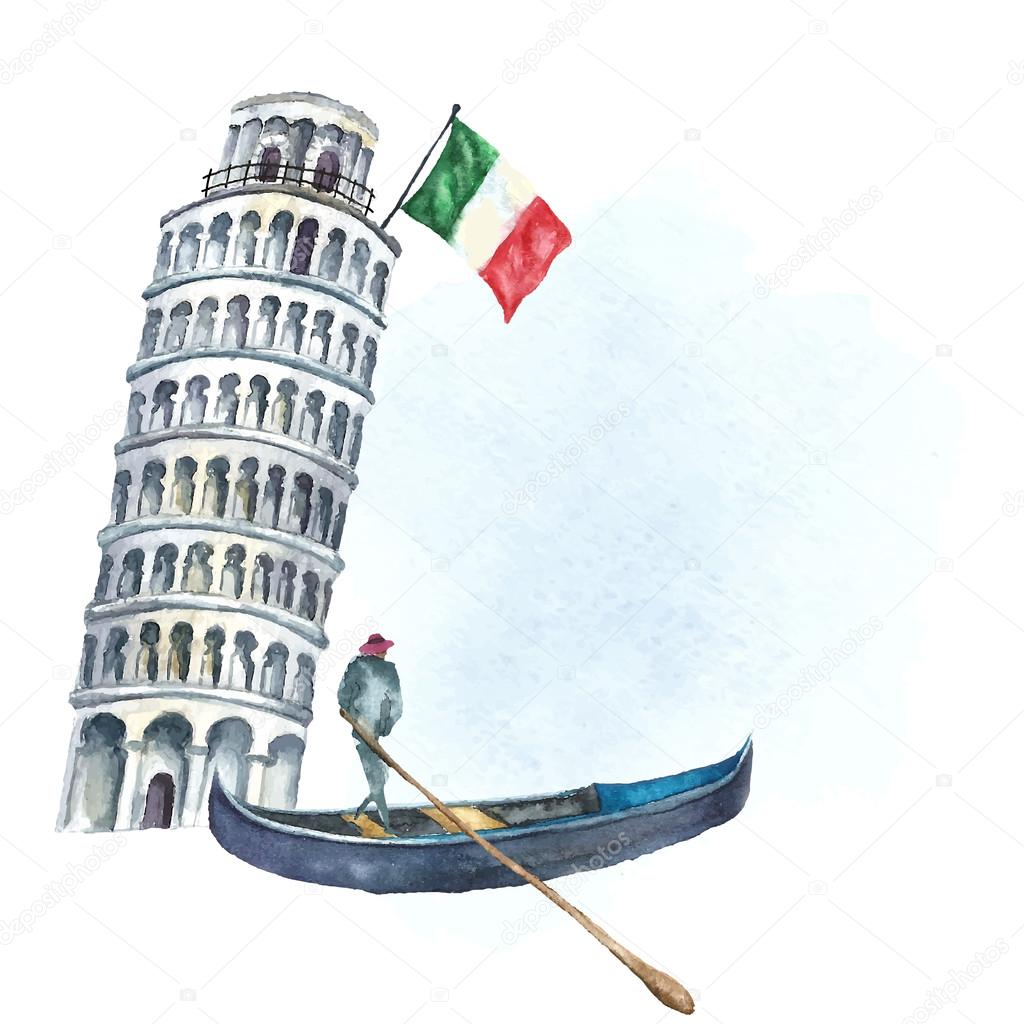 Set of Italy icons watercolor illustration.