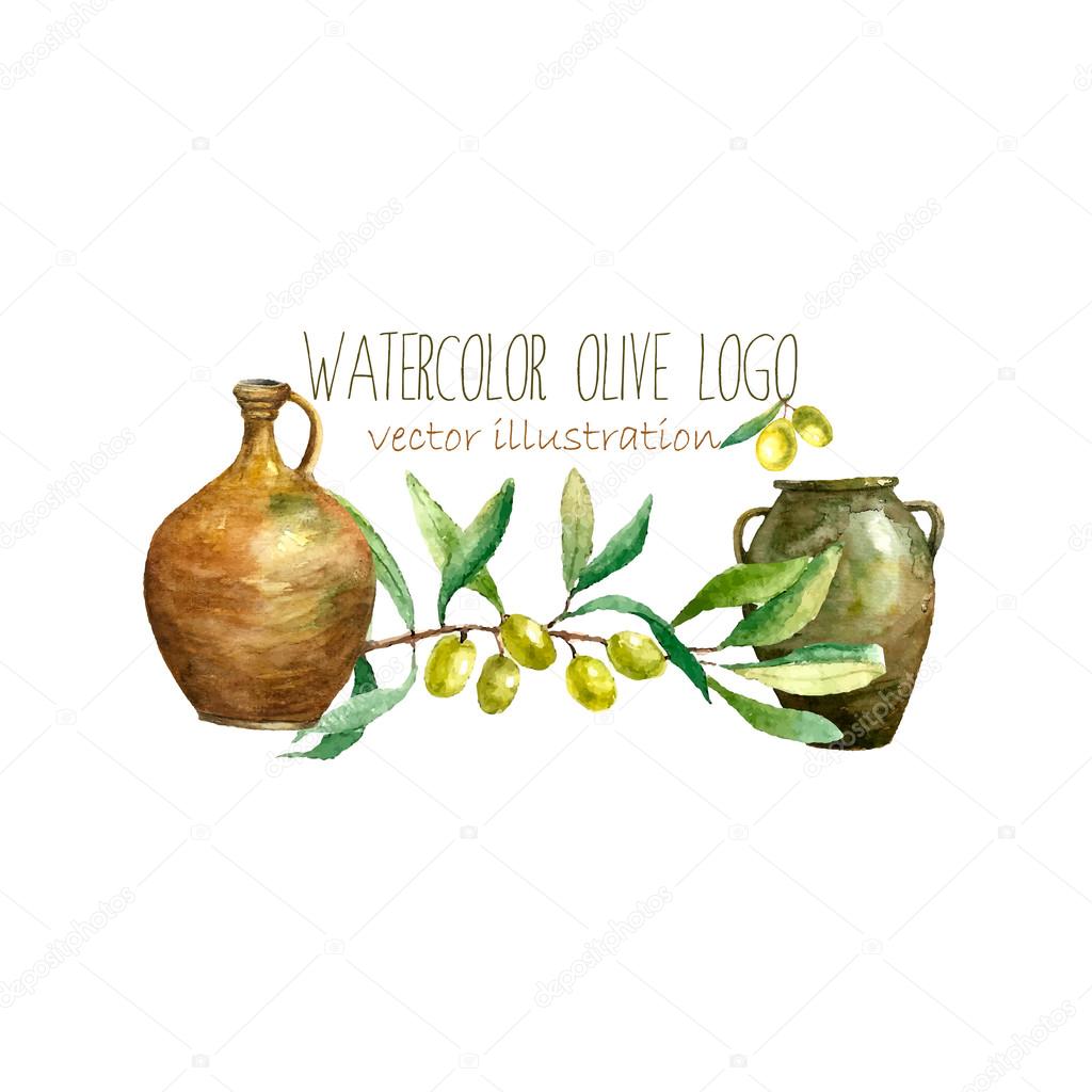 Watercolor artistic olive branch and clay pots logo. Hand drawn natural elements: green olives, olive branch, clay pots. Vector vintage label design.