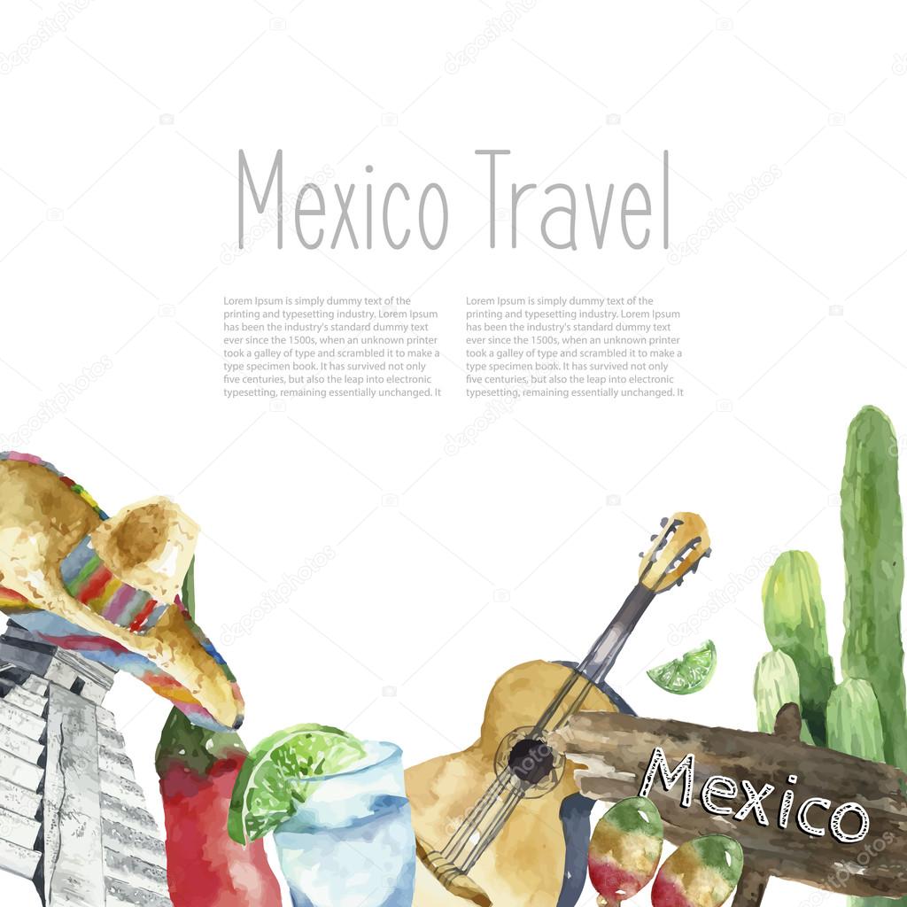 Travel Concept Mexico Landmark Watercolor Icons Design.
