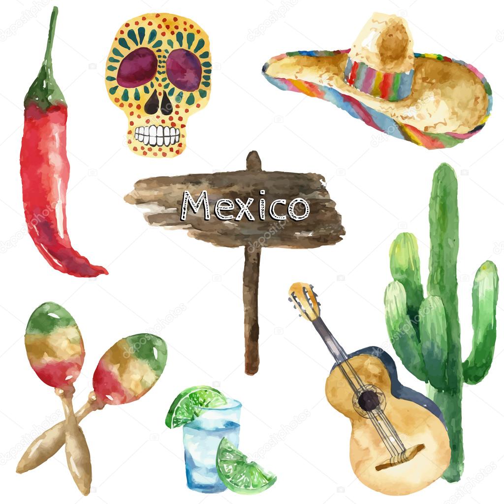 Watercolor mexico icons.