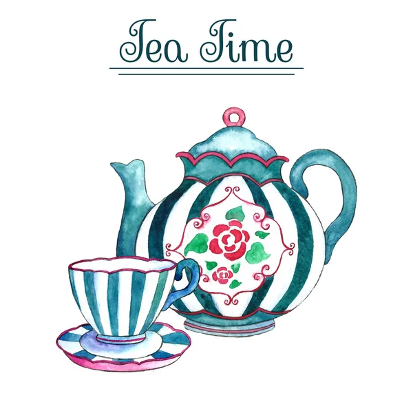 Watercolor teapot and cup. — Stock Vector