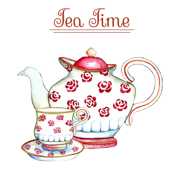 Watercolor teapot and cup. — ストックベクタ