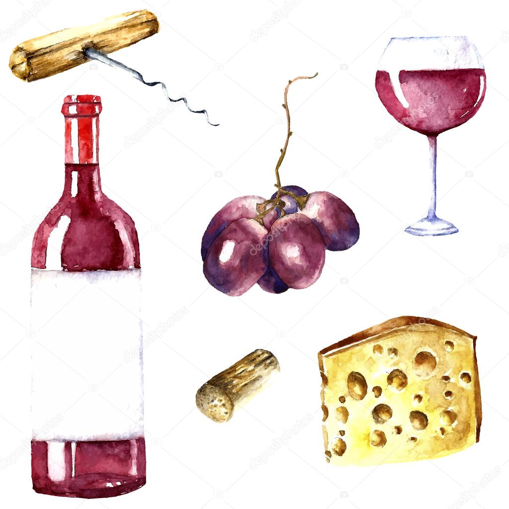 Watercolor wine design elements.