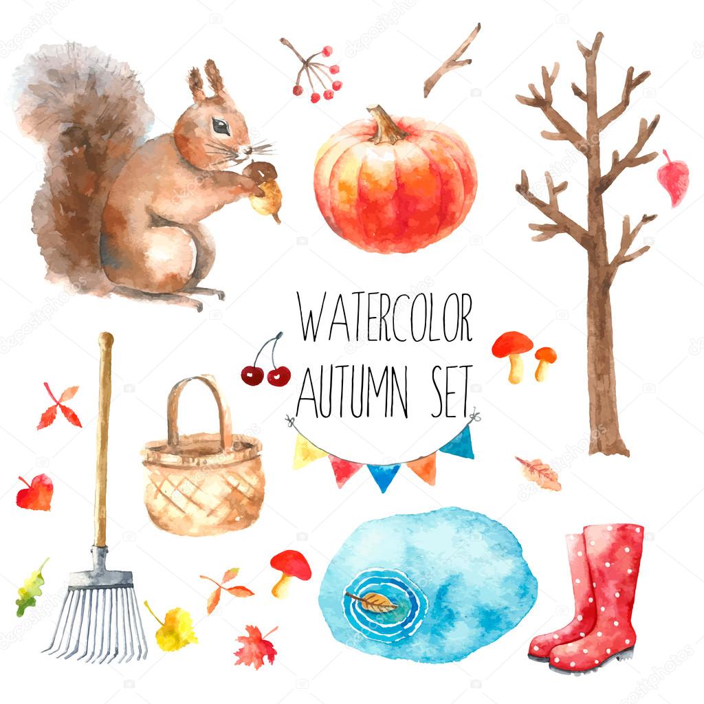 Watercolor autumn set.