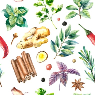 Watercolor seamless pattern of fresh herbs and spices isolated.