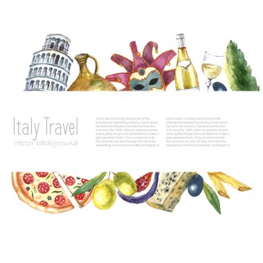 Set of Italy icons watercolor illustration.