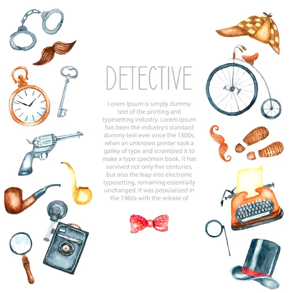 Watercolor retro detective accessories — Stock Vector