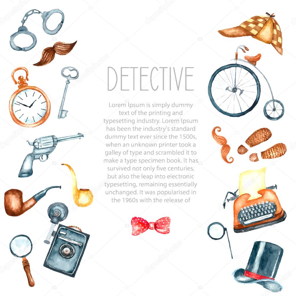 Watercolor retro detective accessories