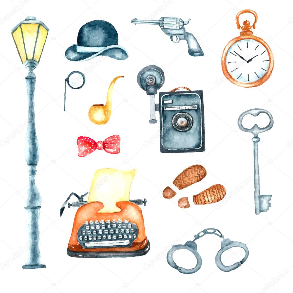 Watercolor retro detective accessories