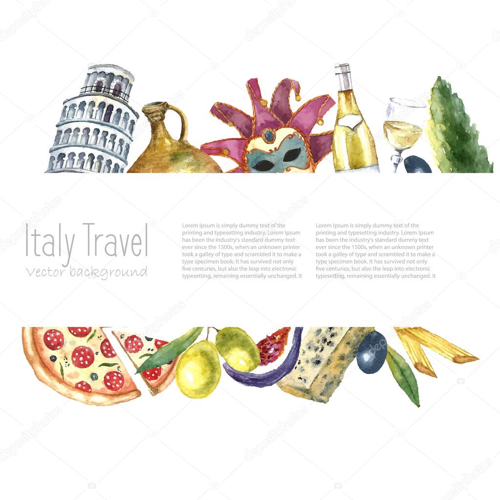 Set of Italy icons watercolor illustration.