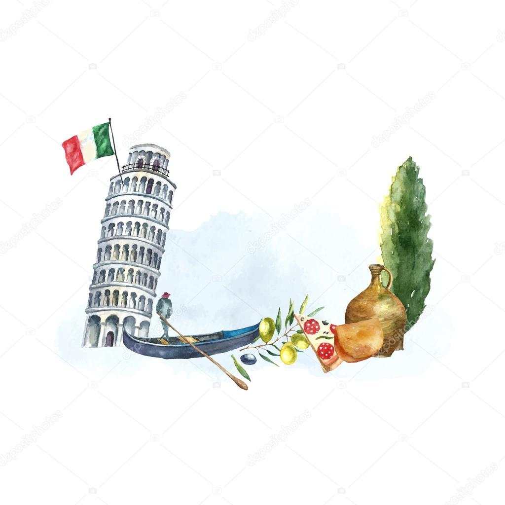 Watercolor artistic tower of Pisa and Italian poplar logo. Hand drawn frame with Italian elements: tower of Pisa, gondola, poplar, clay jug, cheese and slice of pizza. Vector vintage label design.