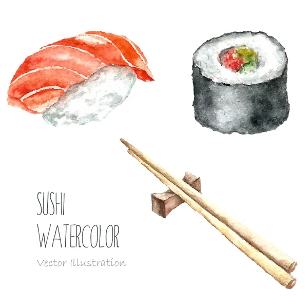 Akvarelové sushi a roll s hůlkami. — Stockový vektor