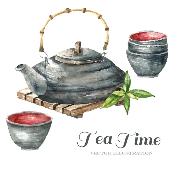 Watercolor Vintage teapot, two cups of tea — Stockvector