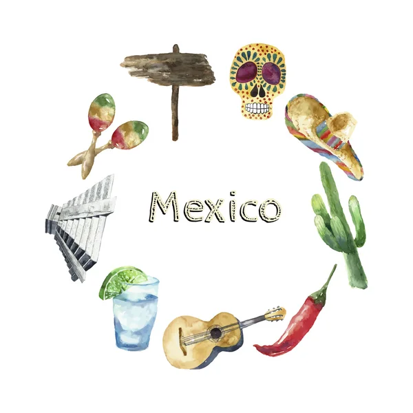 Concepto de Viaje México Landmark Diseño de Iconos de Acuarela . — Vector de stock