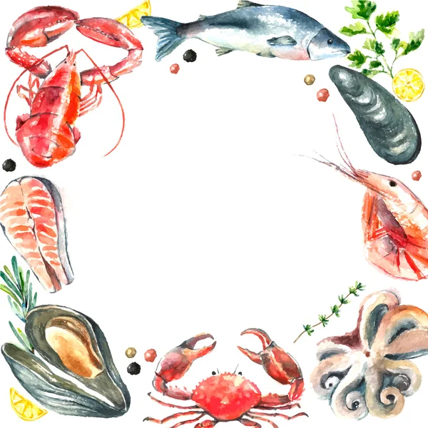 Set of seafood watercolor. — Stockvector