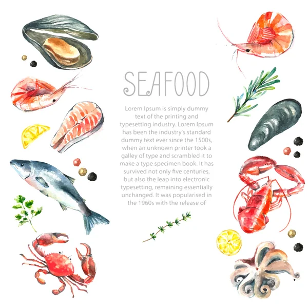 Set of seafood watercolor. — Stock Vector