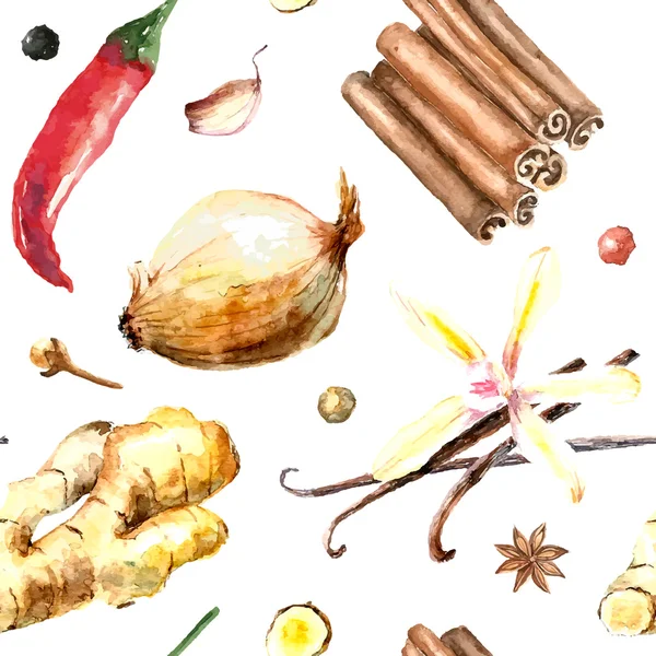 Watercolor seamless pattern of fresh spices isolated. — ストックベクタ