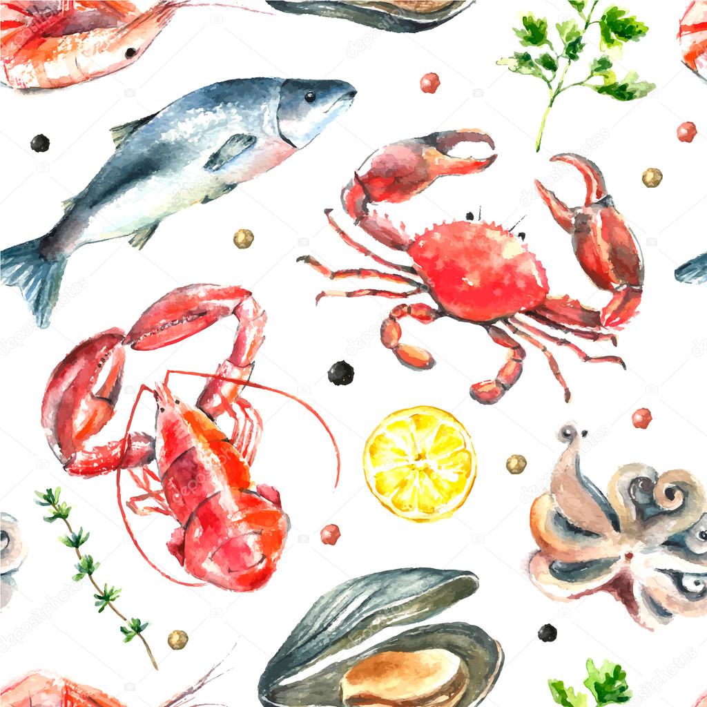 Set of seafood watercolor.