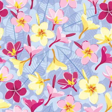 Mavi arkaplan ile pembe sarı frangipani 'nin pürüzsüz tekrar örüntüsü
