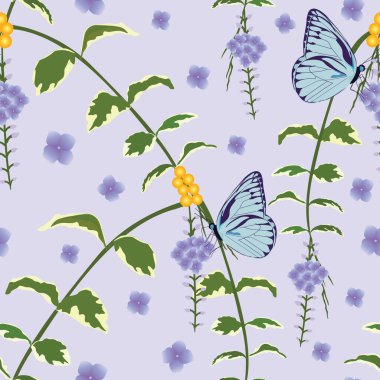 Mavi kelebek ve mor çiçek ve yeşil yapraklar kumaş, durağan, giysi, ev dekorasyonu için kusursuz desen,