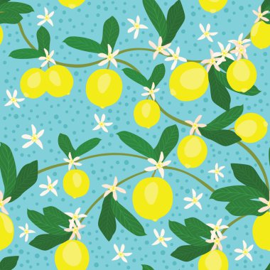 Mavili limon ağacı ve limon çiçeği vektörü kumaş, tekstil, durağan, moda tasarımı, giysi, giysi ve ev dekorasyonu için pürüzsüz tekrarlama deseni.