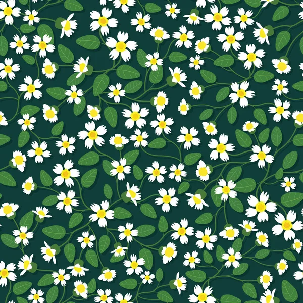 Vector Seamless Pattern White Yellow Flower Green Leaves Green Background — Stock Vector