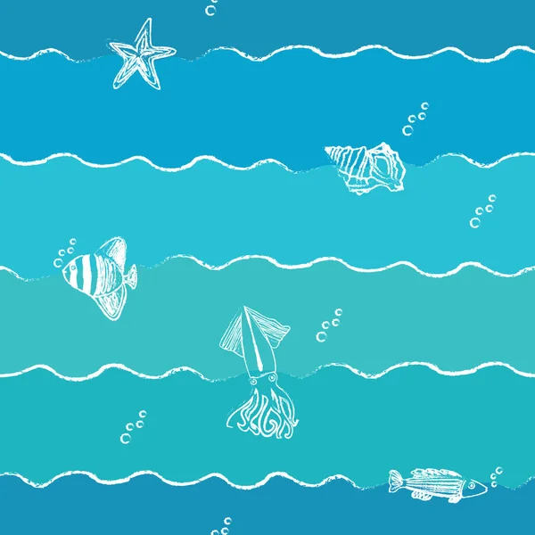 Векторные Морские Животные Волны Голубым Фоном Бесшовного Рисунка Поверхности Ткани — стоковый вектор