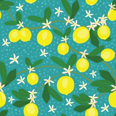 Kumaş, tekstil, sabit, moda tasarım baskısı, giysi, duvar kağıdı, yatak örtüsü, yastık örtüsü, kimono, kaplama, arka plan, giysi, ev dekorasyonu ve diğer amaçlar için kusursuz yüzey desenli limon ağacı ve limon çiçeği taşıyıcısı.