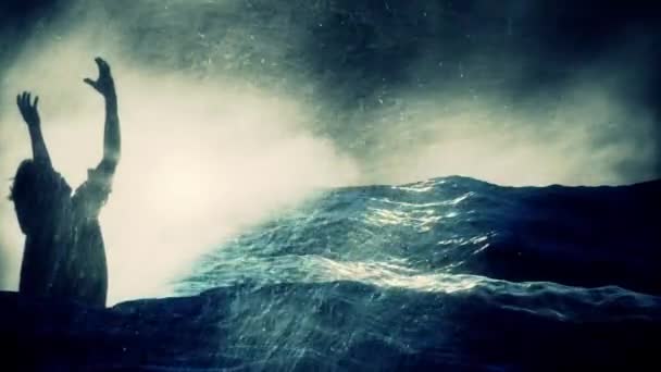 耶稣在加利利海的一艘渔船上平息了风暴 — 图库视频影像