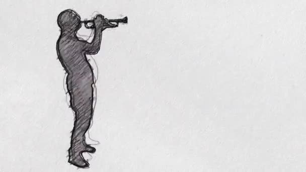 Musician Playing Trumpet Cartoon Sketch Paper — Stock Video