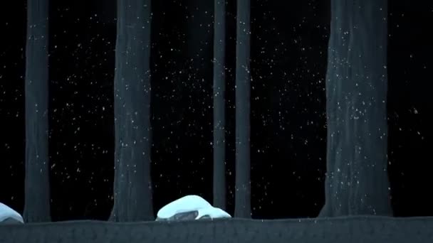 Une promenade dans une forêt enneigée gelée avec des arbres Dessin animé — Video